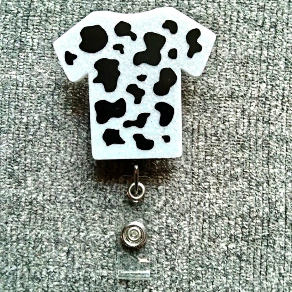 Cow print scrub top T-shirt retractable name badge reel ID holder